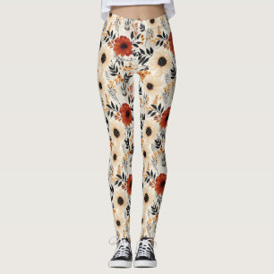 Boho Blommigt Cute Black Orange Blue Cream Leggings