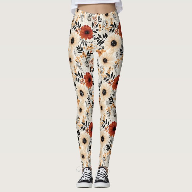 Boho Blommigt Cute Black Orange Blue Cream Leggings (Framsida)