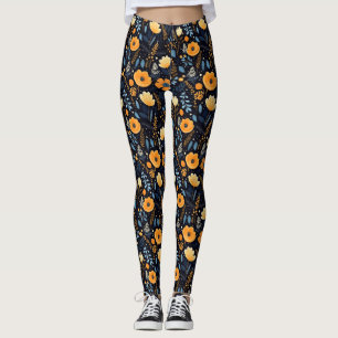 Boho Blommigt Cute Black Orange Blue Leggings