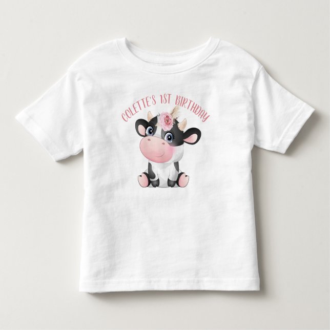 Boho Blommigt Cute Cow Första födelsedagen Baby T- T Shirt (Framsida)