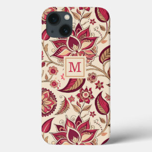 Boho Blommigt Deep Berry Rosa på Cream Monogram