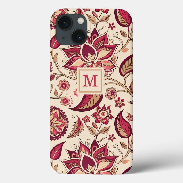 Boho Blommigt Deep Berry Rosa på Cream Monogram (Baksida)