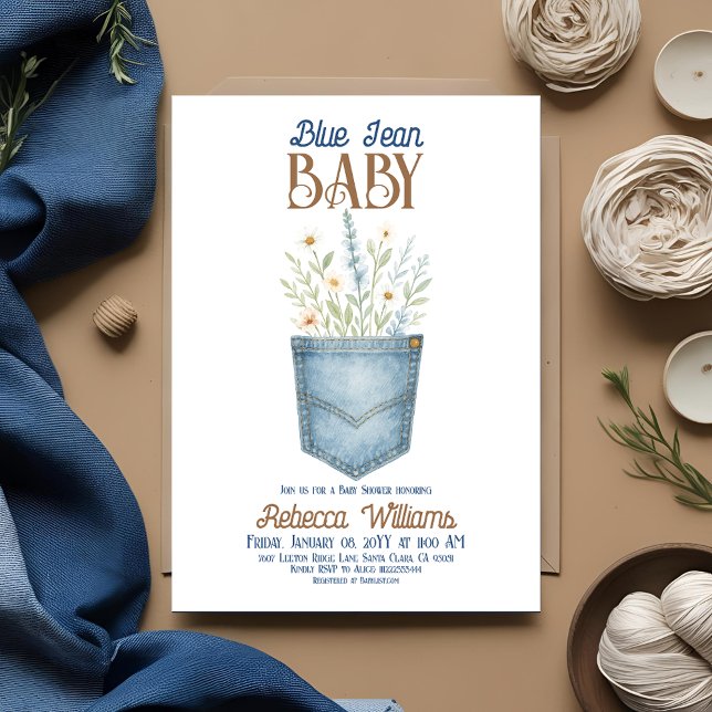 Boho Blommigt Denim Boy Blue Jean Baby Shower Inbjudningar (Skapare uppladdad)