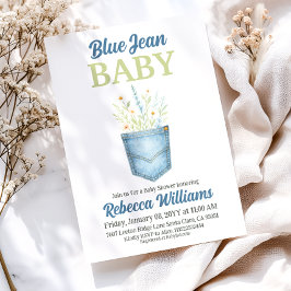 Boho Blommigt Denim Pocket Blue Jean Baby Shower Inbjudningar