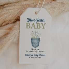 Boho Blommigt Denim Pocket Blue Jean Baby Shower Presentetikett