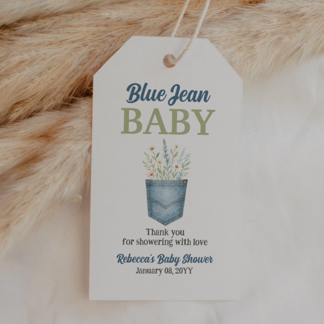 Boho Blommigt Denim Pocket Blue Jean Baby Shower Presentetikett (Skapare uppladdad)