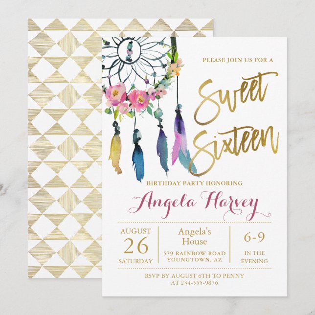 Boho Blommigt Dream Catcher Guld Sweet 16 Birthday Inbjudningar (Fram/baksida)