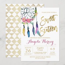 Boho Blommigt Dream Catcher Guld Sweet 16 Birthday Inbjudningar