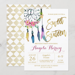 Boho Blommigt Dream Catcher Guld Sweet 16 Birthday Inbjudningar