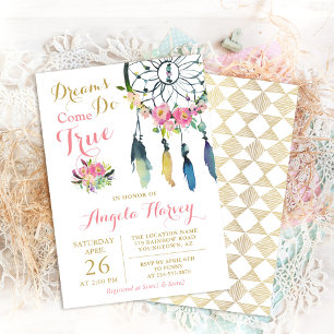 Boho Blommigt Dream Catcher Rosa & Guld Baby Showe Inbjudningar