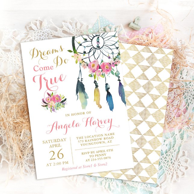 Boho Blommigt Dream Catcher Rosa & Guld Baby Showe Inbjudningar (Skapare uppladdad)