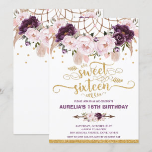 Boho Blommigt Dream Catcher Sweet 16:e födelsedage Inbjudningar