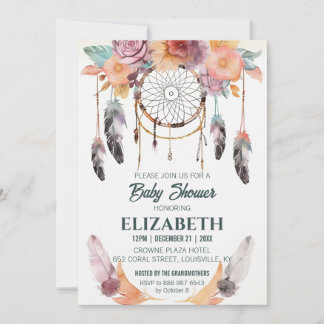 Boho Blommigt Dreamcatcher Baby Shower Ideas Inbjudningar