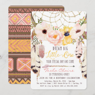 Boho Blommigt Dreamcatcher första födelsedagsinbju Inbjudningar