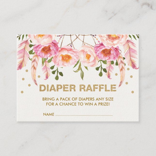 Boho Blommigt Dreamcatcher Rosa Guld Diaper Raffle Tilläggskort (Framsida)
