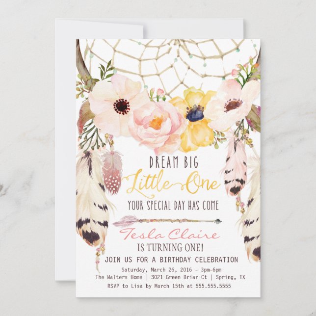 Boho Blommigt Dreamcatcher Tribal Första födelseda Inbjudningar (Framsida)
