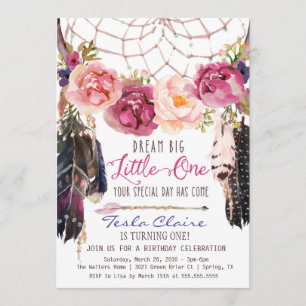 Boho Blommigt Dreamcatcher Watercolor Första födel Inbjudningar