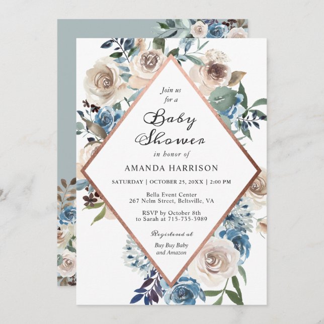 Boho Blommigt Dusty Blue Ro Guld Baby Shower Inbjudningar (Fram/baksida)