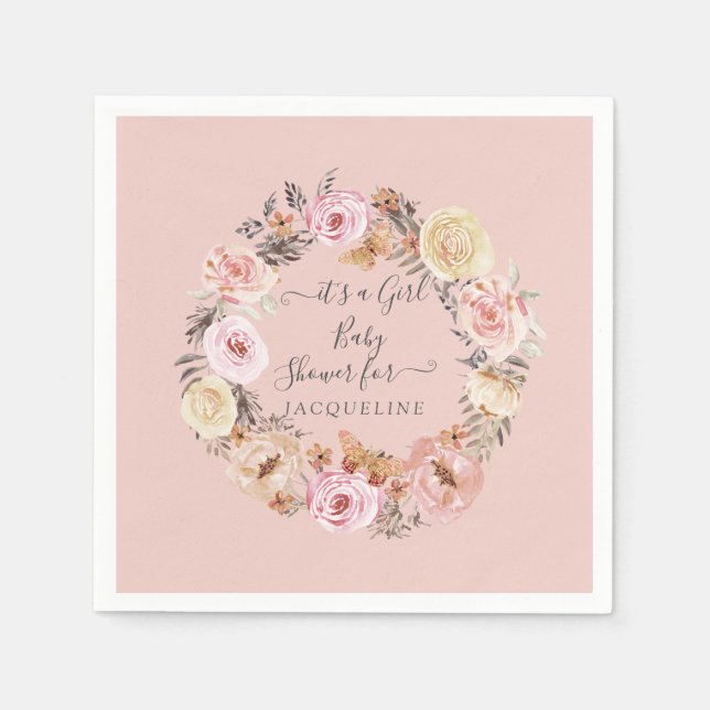 Boho Blommigt Dusty Rosa Modern Flicka Shower Pappersservett (Framsidan)