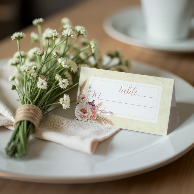 Boho Blommigt Elegant bröllop-platskort Placeringskort (Folded seating card for wedding with boho florals and Italian marble background)