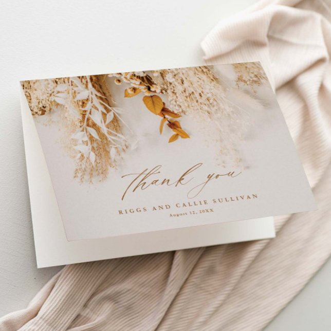 Boho Blommigt Elegant Script Bröllop Tack Kort (Elegant dried floral boho script wedding thank you cards.)