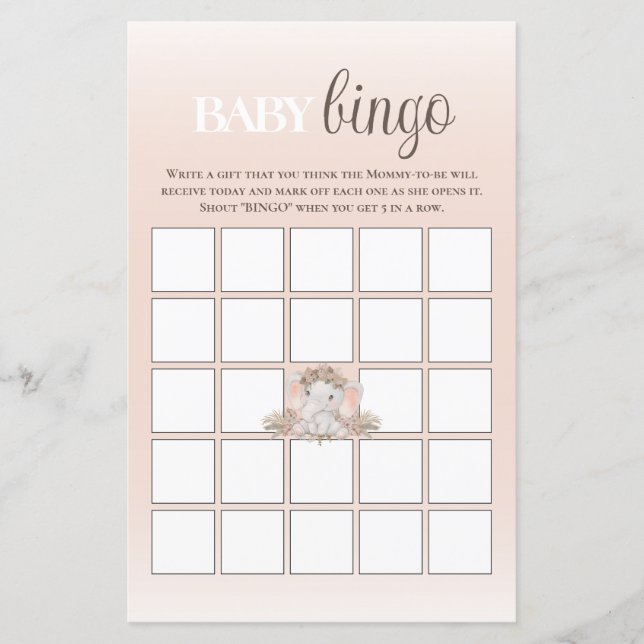 Boho Blommigt Elephant Baby Bingo Baby Shower Game (Framsida)
