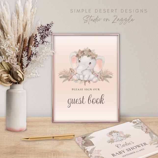 Boho Blommigt Elephant Baby Shower Guest Bok-tecke Poster (Boho Baby Shower Guest Book Sign with Cute Elephant and Bohemian Gender Neutral Floral Pampas Grass)