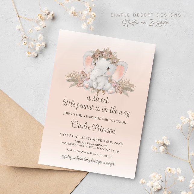 Boho Blommigt Elephant Baby Shower-inbjudan Inbjudningar (Blush Pink Boho Floral Elephant Baby Shower Invitation for Gender Neutral Boy or Girl Baby Shower)