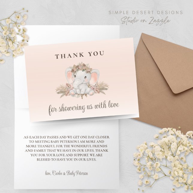 Boho Blommigt Elephant Baby Shower Tack för ditt k Kort (Boho Baby Shower Thank You Card with Cute Elephant and Gender Neutral Floral Design)