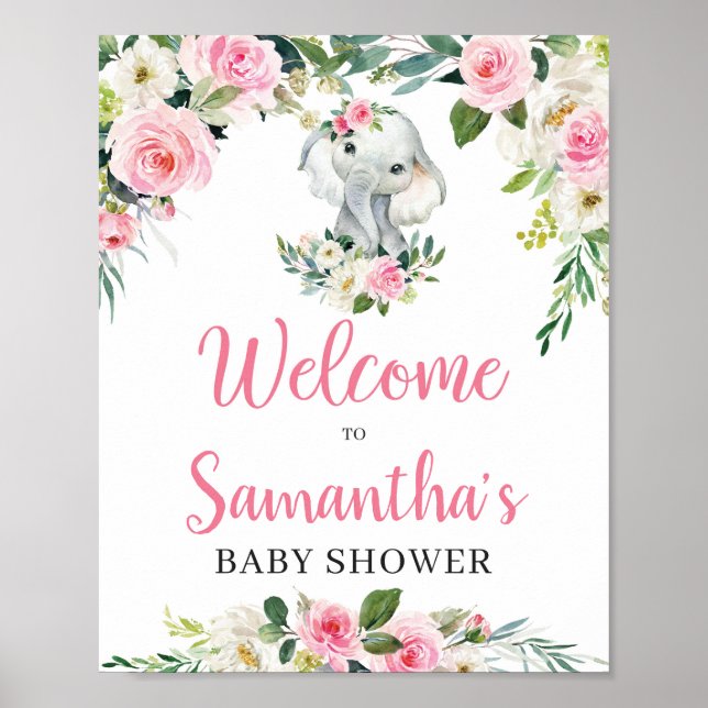 Boho Blommigt Elephant Baby Shower Välkomstskylt Poster (Framsidan)