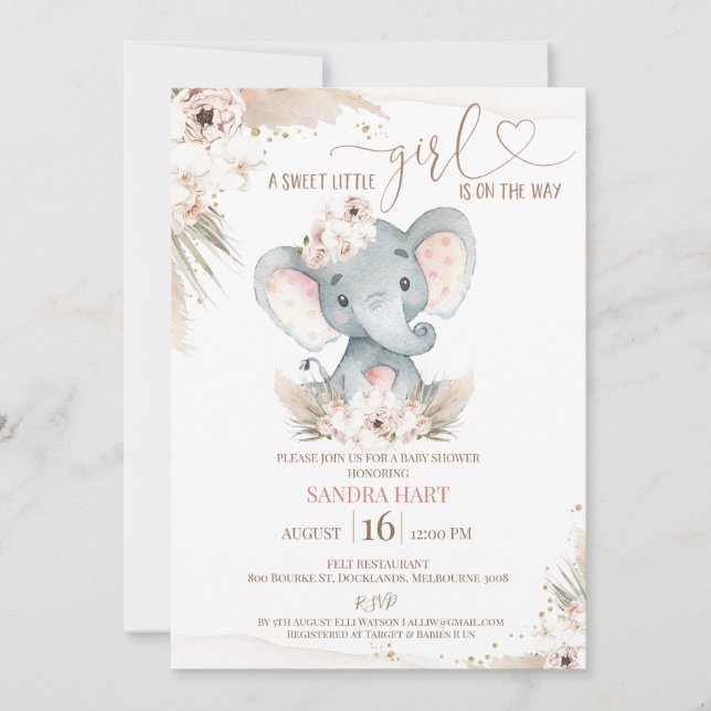 Boho Blommigt Elephant Flicka Baby Shower Inbjudningar (Framsida)