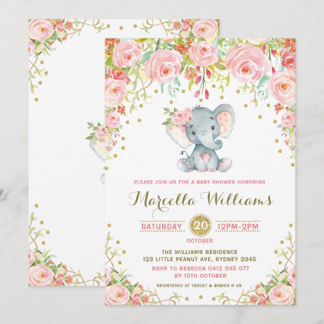 Boho Blommigt Elephant Rosa Baby Shower Inbjudningar (Fram/baksida)