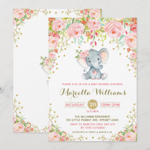 Boho Blommigt Elephant Rosa Baby Shower Inbjudningar