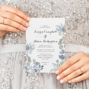 Boho Blommigt & Eucalyptus Dusty Blue Bröllop Inbjudningar