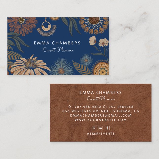 Boho Blommigt Event Planner Navy Blue Visitkort (Fram/baksida)