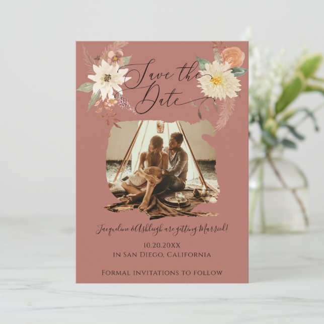 BOHO Blommigt Fall Foliage Watercolor Earthy Photo Spara Datumet (Stående Fram)