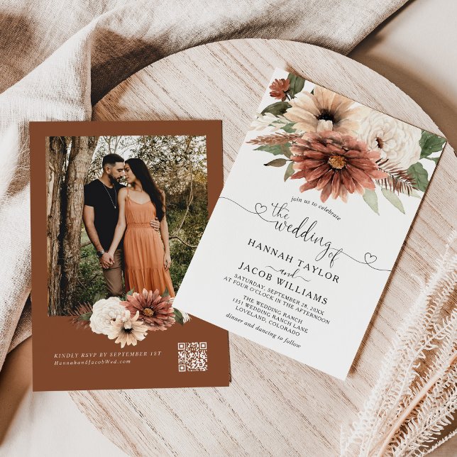 Boho Blommigt Fall Wedding QR Code OSA Inbjudningar (Skapare uppladdad)