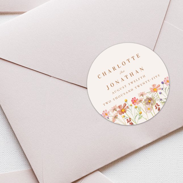 Boho Blommigt Fall Wedding Runt Klistermärke (Boho fall rustic Wildflower floral custom Wedding sticker watercolor flowers elegant modern)