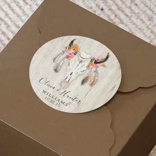 Boho Blommigt Feather Antler Cow Skull Bröllop Runt Klistermärke