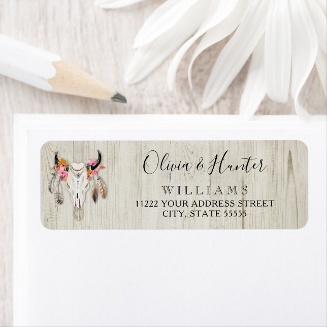 Boho Blommigt Feather Antler Cow Skull Rustic Wood Returadress Etikett (Insitu)