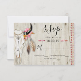 Boho Blommigt Feather Antler Cow Skull Wood Bröllo OSA Kort