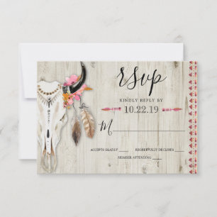 Boho Blommigt Feather Antler Cow Skull Wood Bröllo OSA Kort