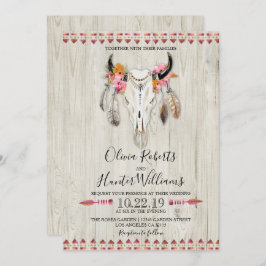 Boho Blommigt Feather Antlers Cow Skull Wood Bröll Inbjudningar