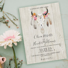 Boho Blommigt Feather Antlers Skull Wood Bröllop Inbjudningar