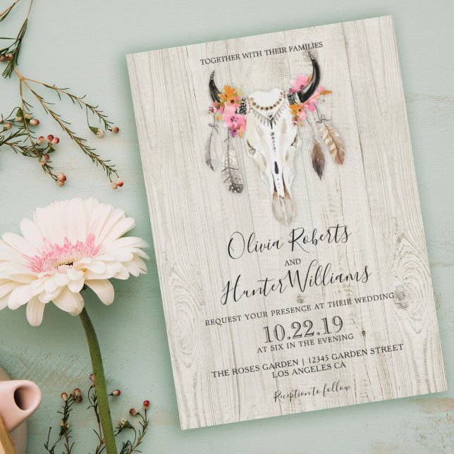 Boho Blommigt Feather Antlers Skull Wood Bröllop Inbjudningar (Skapare uppladdad)