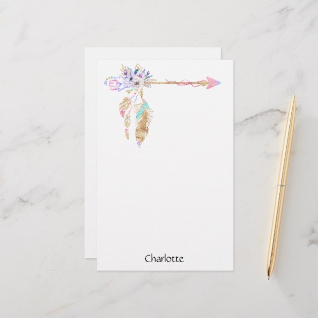 Boho Blommigt Feather Arrow Named WritPaper Brevpapper (Fram/Back In Situ)