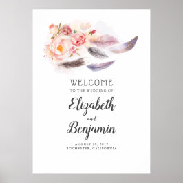 Boho Blommigt Feathers Bröllop Välkomsttecken Poster