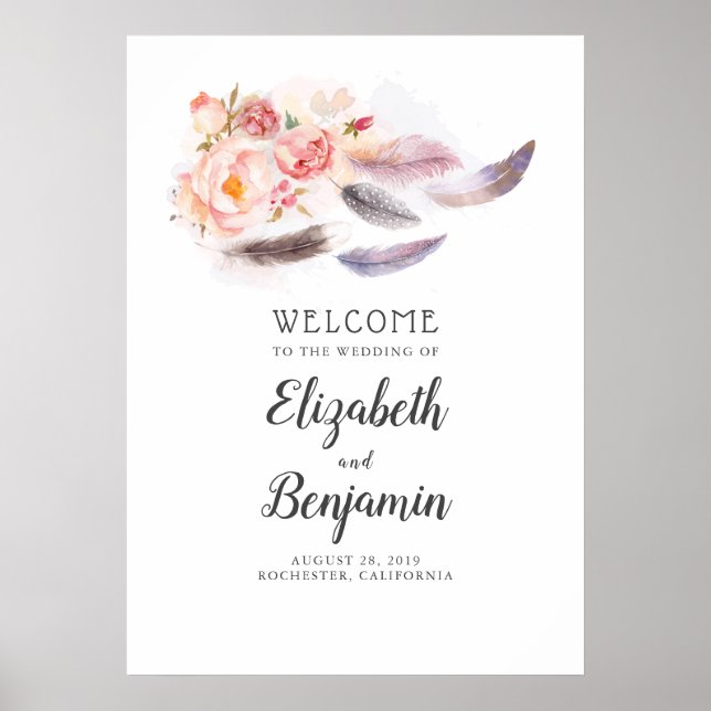 Boho Blommigt Feathers Bröllop Välkomsttecken Poster (Framsidan)
