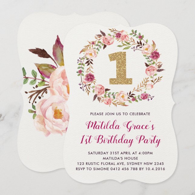 Boho Blommigt First Birthday Girl Party-inbjudan Inbjudningar (Fram/baksida)