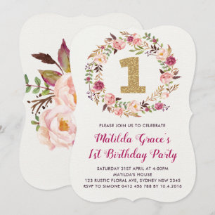 Boho Blommigt First Birthday Girl Party-inbjudan Inbjudningar